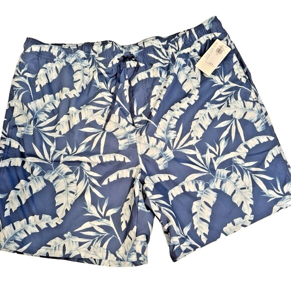 NWT Old Navy Swim Trunks Blue Mens XXL Drawstring Pockets Lined Palm Trees - Picture 1 of 9